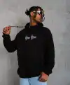 Erkek Kapüşonlu Kanguru Cepli Sweatshirt 3 İplik Pamuklu Baskılı Hoodie - Siyah