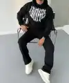 Erkek Kapüşonlu Kanguru Cepli Sweatshirt 3 İplik Pamuklu Baskılı Hoodie -  Siyah