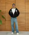 Erkek Kapüşonlu 3 İplik Şardonlu Önü Baskılı Fermuarlı Oversize Sweatshirt - Siyah