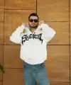 Erkek Kapüşonlu 3 İplik Şardonlu Önü Baskılı Fermuarlı Oversize Sweatshirt - Beyaz