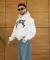 Erkek Kapüşonlu 3 İplik Şardonlu Önü Baskılı Fermuarlı Oversize Sweatshirt - Beyaz