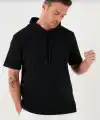 Erkek Kapüşonlu Tişört Kısa Kol Düz Oversize T-shirt - Siyah
