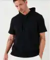 Erkek Kapüşonlu Tişört Kısa Kol Düz Oversize T-shirt - Siyah