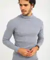 Erkek Kaşkorse Boğazlı Full Likralı Fitilli Body Kazak - Gri