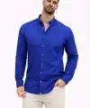 Erkek KETEN Kumaş Uzun Kollu Regular fit Gömlek - Saks Mavisi