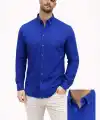 Erkek KETEN Kumaş Uzun Kollu Regular fit Gömlek - Saks Mavisi