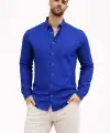 Erkek KETEN Kumaş Uzun Kollu Regular fit Gömlek - Saks Mavisi