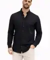 Erkek KETEN Kumaş  Uzun Kollu Regular Fit Gömlek - Siyah