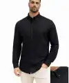 Erkek KETEN Kumaş  Uzun Kollu Regular Fit Gömlek - Siyah