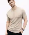 Erkek Kısa Kol Fitilli Triko T-Shirt Yazlık Hakim Yaka Tişört - Bej