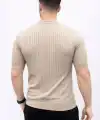 Erkek Kısa Kol Fitilli Triko T-Shirt Yazlık Hakim Yaka Tişört - Bej