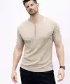 Erkek Kısa Kol Fitilli Triko T-Shirt Yazlık Hakim Yaka Tişört - Bej