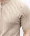 Erkek Kısa Kol Fitilli Triko T-Shirt Yazlık Hakim Yaka Tişört - Bej