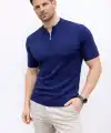 Erkek Kısa Kol Fitilli Triko T-Shirt Yazlık Hakim Yaka Tişört - Lacivert