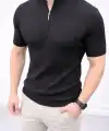 Erkek Kısa Kol Fitilli Triko T-Shirt Yazlık Hakim Yaka Tişört - Siyah