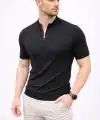 Erkek Kısa Kol Fitilli Triko T-Shirt Yazlık Hakim Yaka Tişört - Siyah