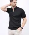 Erkek Kısa Kol Fitilli Triko T-Shirt Yazlık Hakim Yaka Tişört - Siyah