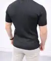 Erkek Kısa Kol Fitilli Triko T-Shirt Yazlık Hakim Yaka Tişört - Siyah