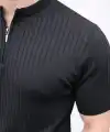 Erkek Kısa Kol Fitilli Triko T-Shirt Yazlık Hakim Yaka Tişört - Siyah