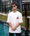 Erkek Kısa Kol Tişört Bisiklet Yaka Boxy Eldiven Baskılı T-Shirt - Beyaz