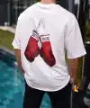 Erkek Kısa Kol Tişört Bisiklet Yaka Boxy Eldiven Baskılı T-Shirt - Beyaz