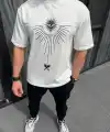 Erkek Kısa Kol Tişört Bisiklet Yaka GÜL Baskılı Oversize T-Shirt - Beyaz