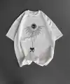 Erkek Kısa Kol Tişört Bisiklet Yaka GÜL Baskılı Oversize T-Shirt - Beyaz