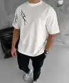 Erkek Kısa Kol Tişört Bisiklet Yaka Yıldırım Baskılı Oversize T-Shirt - Beyaz