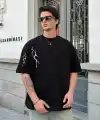 Erkek Kısa Kol Tişört Bisiklet Yaka Yıldırım Baskılı Oversize T-Shirt - Siyah