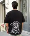 Erkek Kısa Kol Tişört Bisiklet Yaka Yıldırım Baskılı Oversize T-Shirt - Siyah