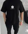 Erkek Kısa Kol Tişört Bisiklet Yaka YONCA Baskılı Oversize T-Shirt - Siyah