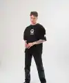 Erkek Kısa Kol Tişört Göğüs ve Kol Bisiklet Yaka Baskılı T-Shirt - Siyah