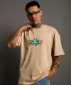Erkek Kısa Kol Yazlık Tişört Bisiklet Yaka Baskılı Oversize T-Shirt - Bej