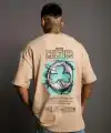 Erkek Kısa Kol Yazlık Tişört Bisiklet Yaka Baskılı Oversize T-Shirt - Bej