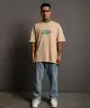 Erkek Kısa Kol Yazlık Tişört Bisiklet Yaka Baskılı Oversize T-Shirt - Bej