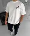 Erkek Kısa Kol Yazlık Tişört Bisiklet Yaka Baskılı Oversize T-Shirt - Beyaz