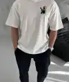 Erkek Kısa Kol Yazlık Tişört Bisiklet Yaka Baskılı Oversize T-Shirt - Beyaz