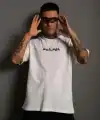 Erkek Kısa Kol Yazlık Tişört Bisiklet Yaka Baskılı Oversize T-Shirt - Beyaz