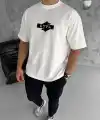 Erkek Kısa Kol Yazlık Tişört Bisiklet Yaka Baskılı Oversize T-Shirt - Beyaz