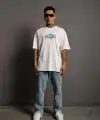 Erkek Kısa Kol Yazlık Tişört Bisiklet Yaka Baskılı Oversize T-Shirt - Beyaz