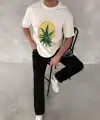 Erkek Kısa Kol Yazlık Tişört Bisiklet Yaka Baskılı Oversize T-Shirt - Beyaz