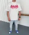 Erkek Kısa Kol Yazlık Tişört Bisiklet Yaka Baskılı Oversize T-Shirt - Beyaz