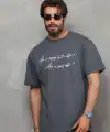 Erkek Kısa Kol Yazlık Tişört Bisiklet Yaka Baskılı Oversize T-Shirt - Füme