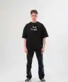Erkek Kısa Kol Yazlık Tişört Bisiklet Yaka Baskılı Oversize T-Shirt - Siyah