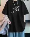 Erkek Kısa Kol Yazlık Tişört Bisiklet Yaka Baskılı Oversize T-Shirt - Siyah