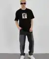 Erkek Kısa Kol Yazlık Tişört Bisiklet Yaka Baskılı Oversize T-Shirt - Siyah