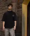 Erkek Kısa Kol Yazlık Tişört Bisiklet Yaka Baskılı Oversize T-Shirt - Siyah
