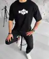 Erkek Kısa Kol Yazlık Tişört Bisiklet Yaka Baskılı Oversize T-Shirt - Siyah