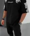 Erkek Kısa Kol Yazlık Tişört Bisiklet Yaka Baskılı Oversize T-Shirt - Siyah