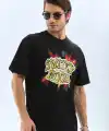 Erkek Kısa Kol Yazlık Tişört Bisiklet Yaka Baskılı Oversize T-Shirt - Siyah